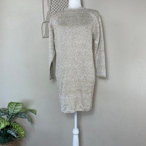 80s vintage Ann Mckenns hand knit gold ivory metallic sexy mini sweater dress S